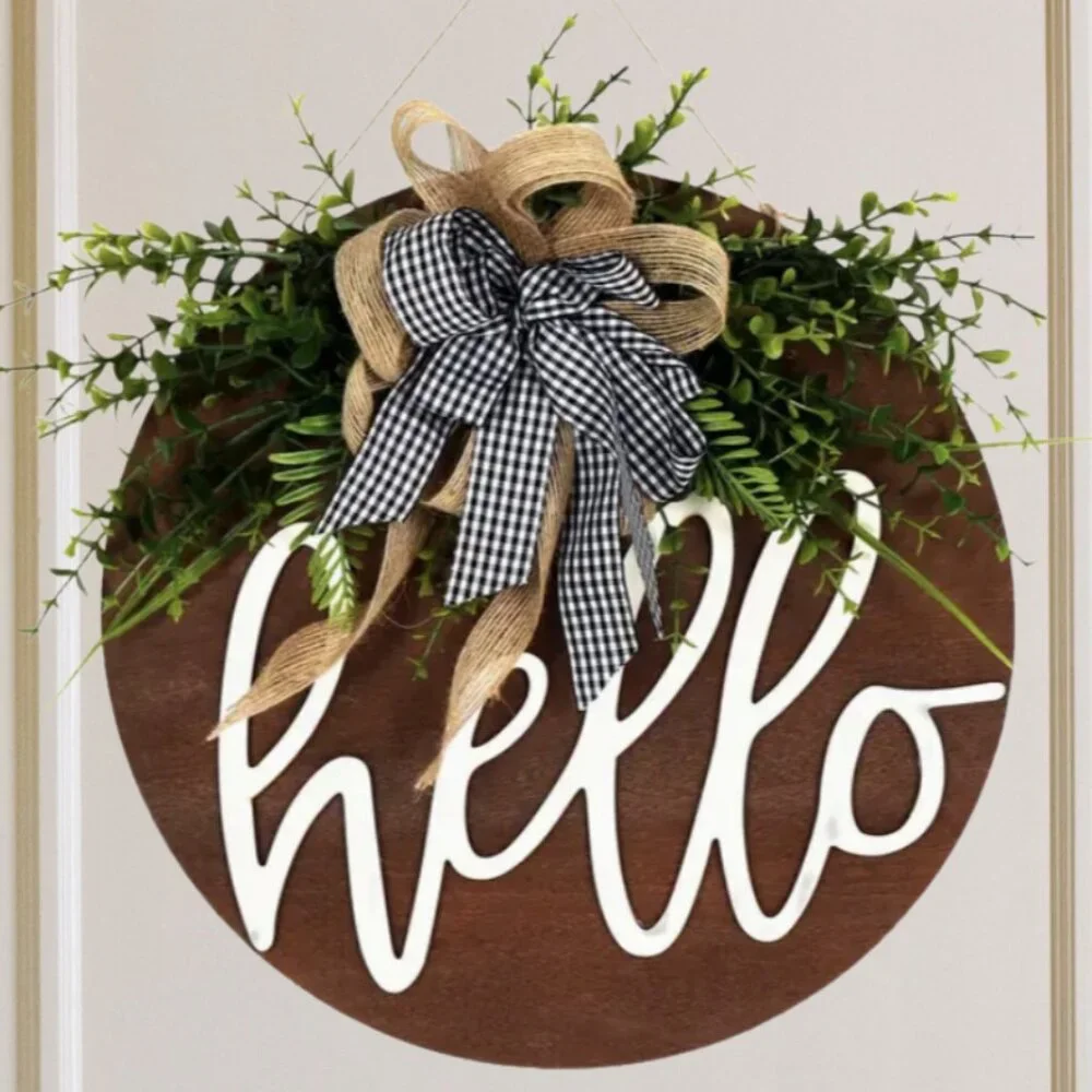 Hello Rustic Farmhouse Welcome Sign Buffalo Check Bow Wood Handmade Wreath Gift
